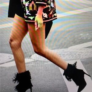 Black Suede Fringe Stiletto Ankle Boots Pointed Toe Size 8.5